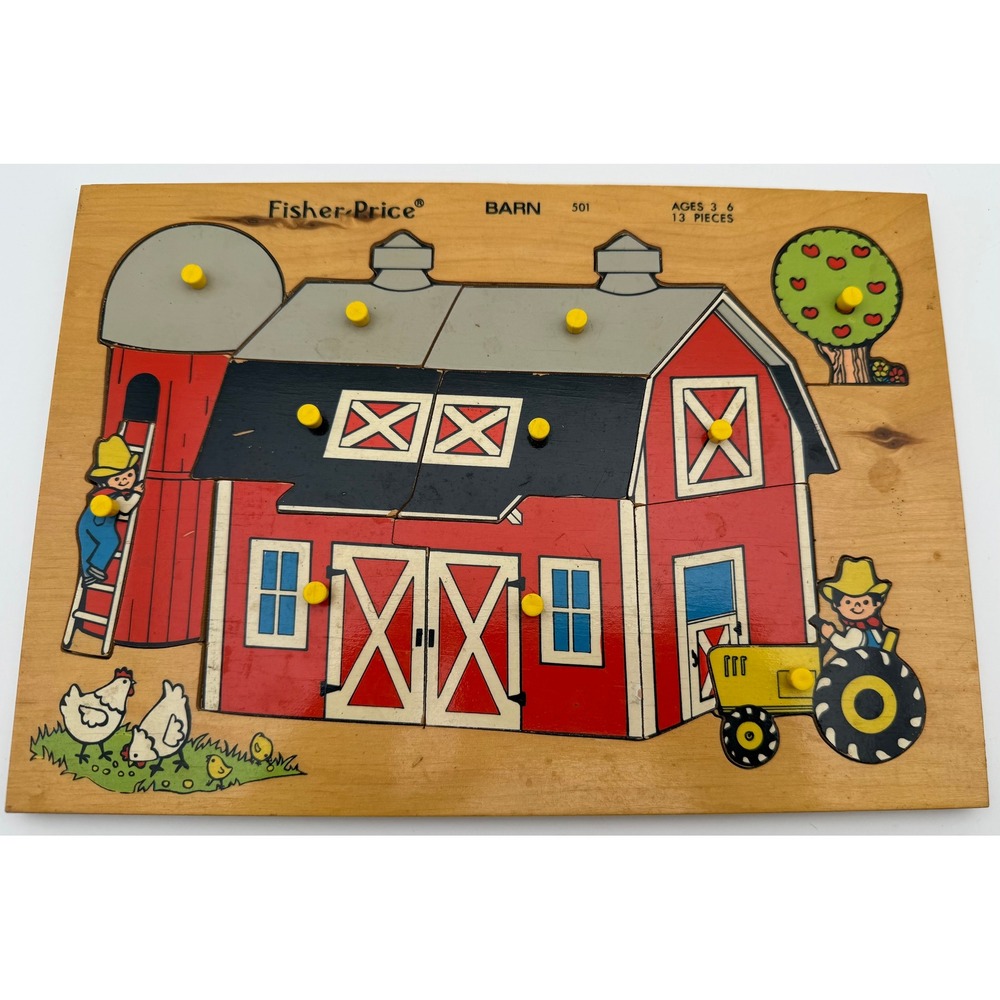Vintage Fisher Price Barn Wood Tray Puzzle 501 Red Farm 13 Pieces Yellow Pegs